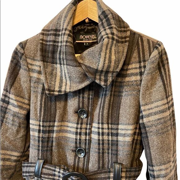 NOVELTI Juniors Brown Plaid Wool Blend Button Coat - Picture 2 of 8